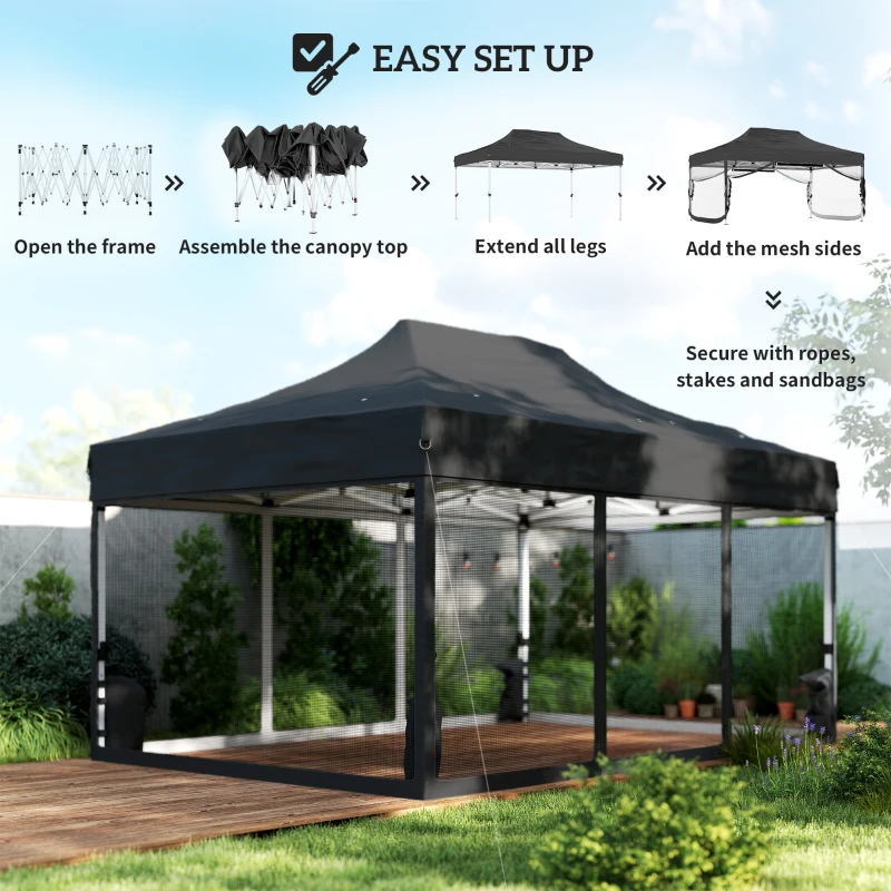 Outsunny 3 x 4.5 m Pop Up Gazebo with Mesh Nettings, UPF50+ Heavy Duty Outdoor Garden Party Tent Marquee, Black