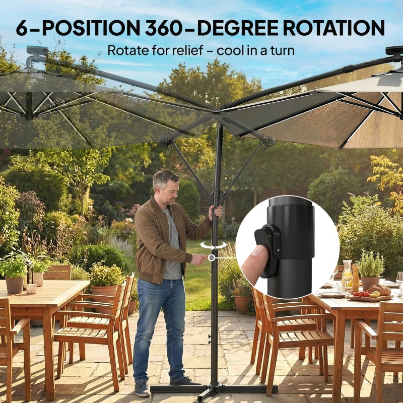 Outsunny 3 m Garden Cantilever Parasol with LED Solar Light, Round Overhanging Umbrella with 360° Rotation, Cover, Grey