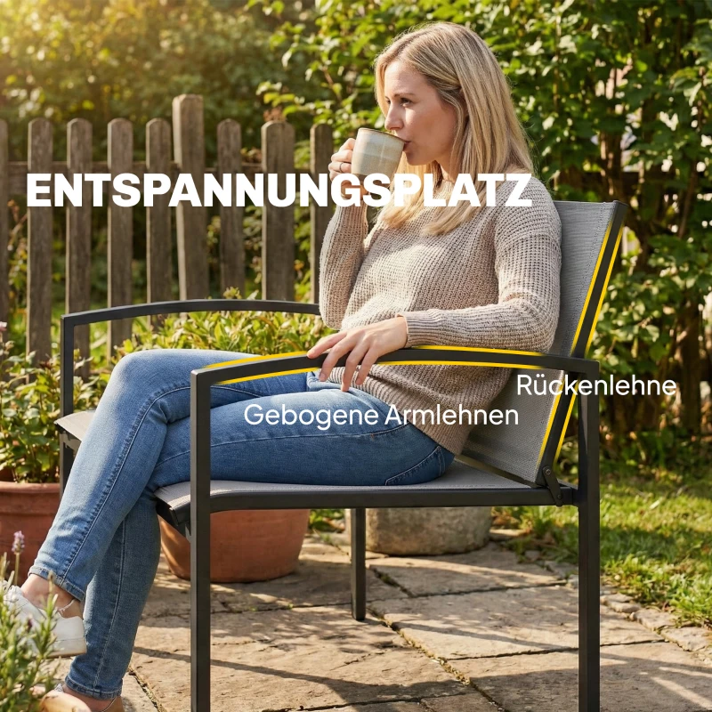 Outsunny Gartenbank 2-Sitzer wetterfest Metall Outdoor Sitzbank mit atmungsaktivem Sitz gebogen Armlehnen 112 x 66 x 80 cm Grau