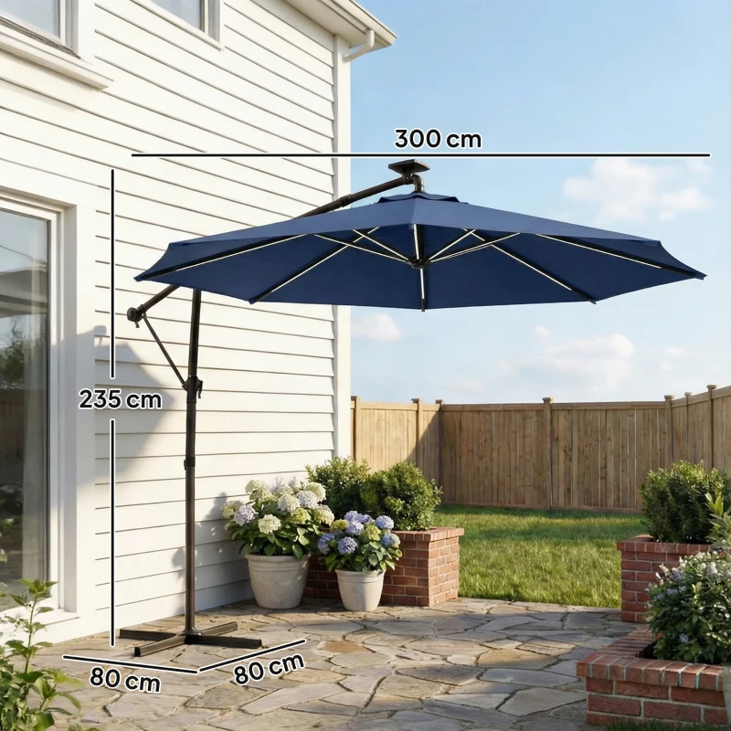 Outsunny 3 m Garden Cantilever Parasol with LED Solar Light, Round Overhanging Umbrella with 360° Rotation, Cover, Navy Blue