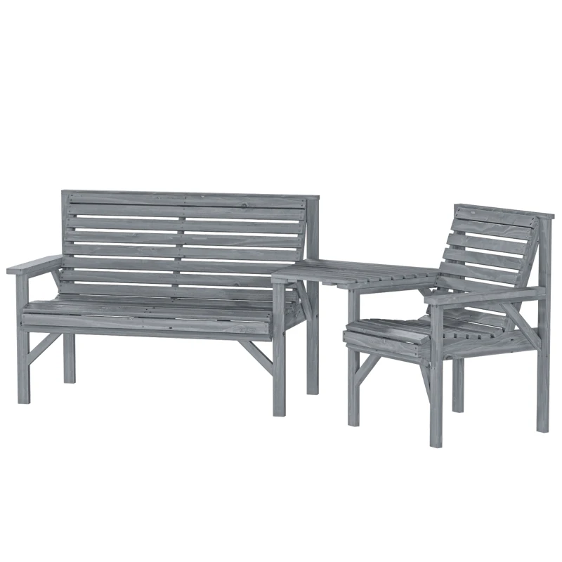 Outsunny Wooden Garden Furniture Set with Parasol Hole, 1 Chair, 1 Bench and Detachable Table, Grey Embossed Finish