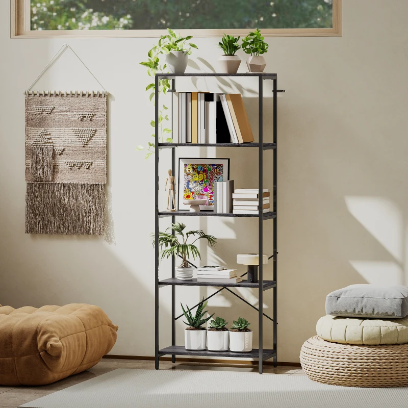 HOMCOM 5-Tier Bookshelf, Industrial Bookcase with Metal Frame - Dark Grey and Black