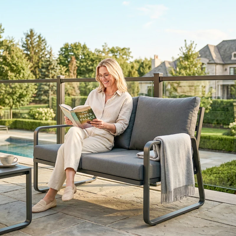 Outsunny 2‑Sitzer Gartensofa mit dicken Kissen, abnehmbaren Bezügen und modernen Armlehnen, 121x69x69cm, Hellgrau