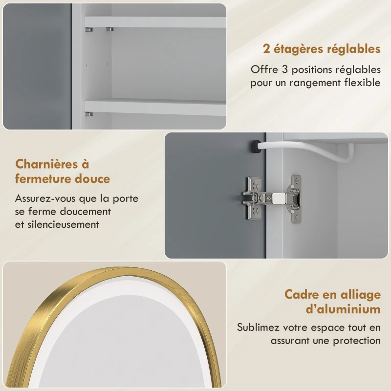 HOMCOM Armoire murale salle de bain avec miroir et éclairage LED, porte arquée, anti-buée, 50x14,5x70cm, doré