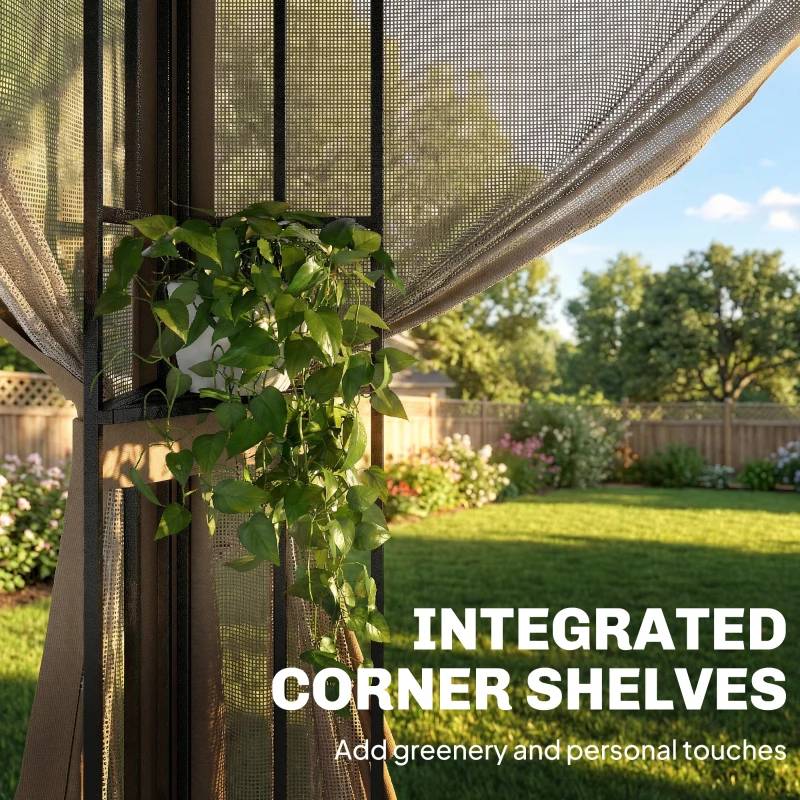 Outsunny 3 x 3.6 m Outdoor Garden Gazebo with Post Shelves, UPF50+ Patio Permanent Pavilion with Hook, Khaki