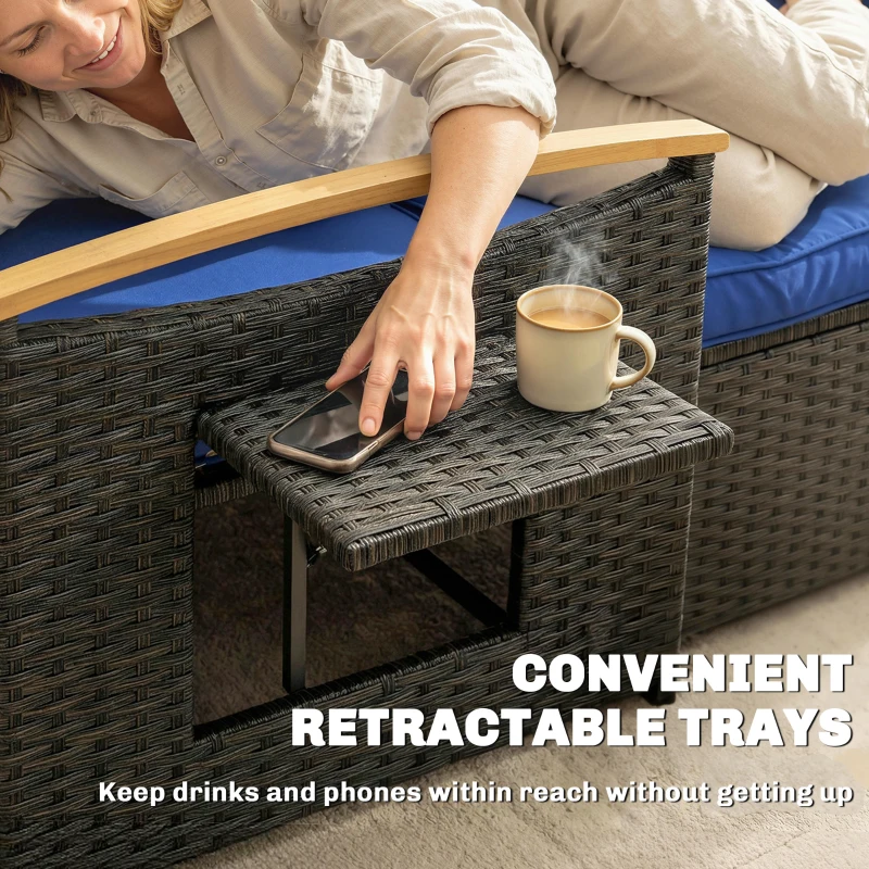 Outsunny Double Garden Rattan Daybed, Wicker Sun Bed Chaise Lounger with Storage Ottoman, 4-Level Adjustable Backrest, Brown