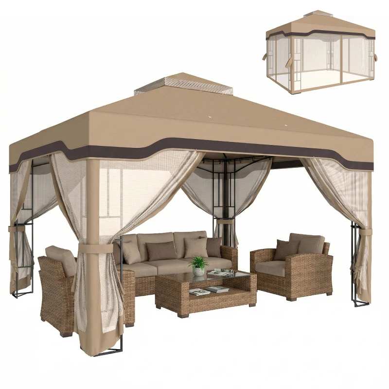 Outsunny 3 x 3.6 m Outdoor Garden Gazebo with Post Shelves, UPF50+ Patio Permanent Pavilion with Hook, Khaki