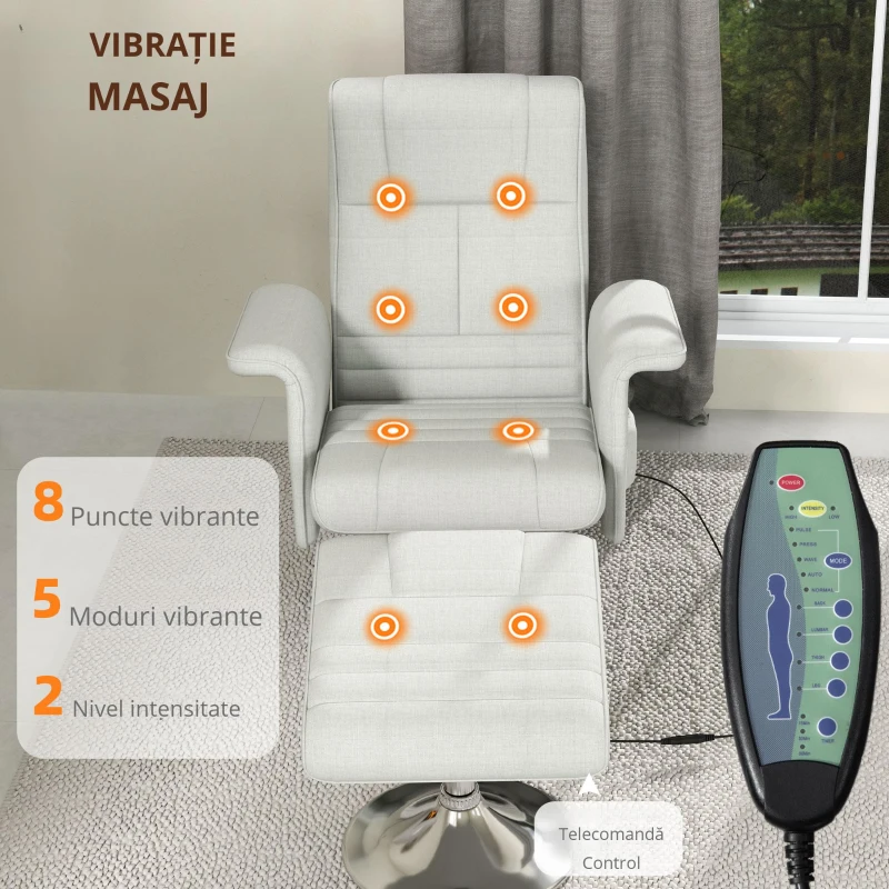 HOMCOM Fotoliu relaxant cu masaj și pouf, fotoliu TV cu spătar reglabil și șezut pivotant la 360° 78 x 95 x 88 cm crem