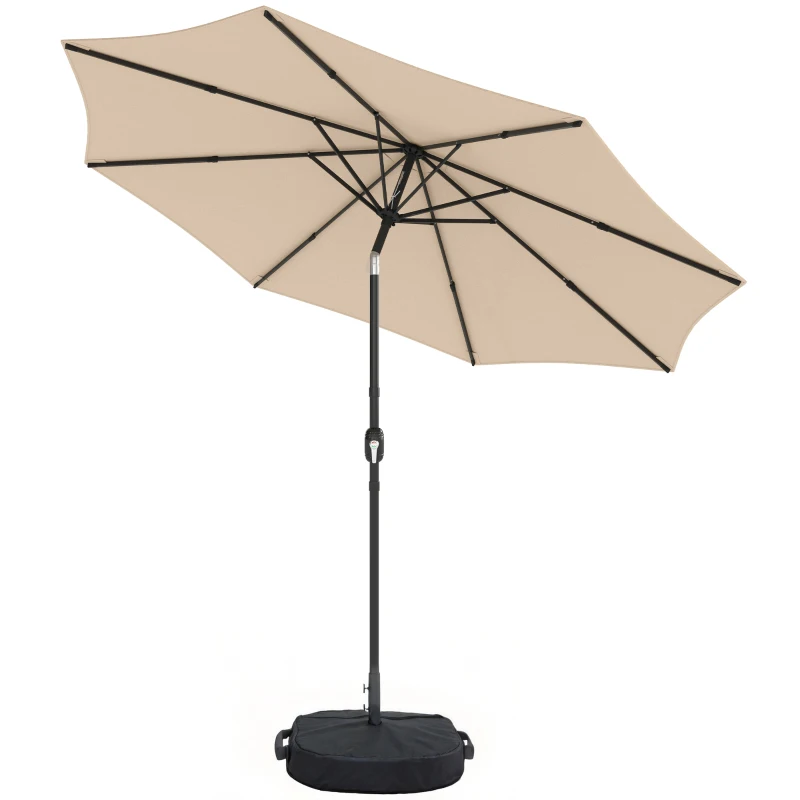Outsunny 2.7 m Garden Parasol Umbrella with Cross Base and Sandbag, Retractable Ribs, Outdoor Table Market Umbrella, Khaki