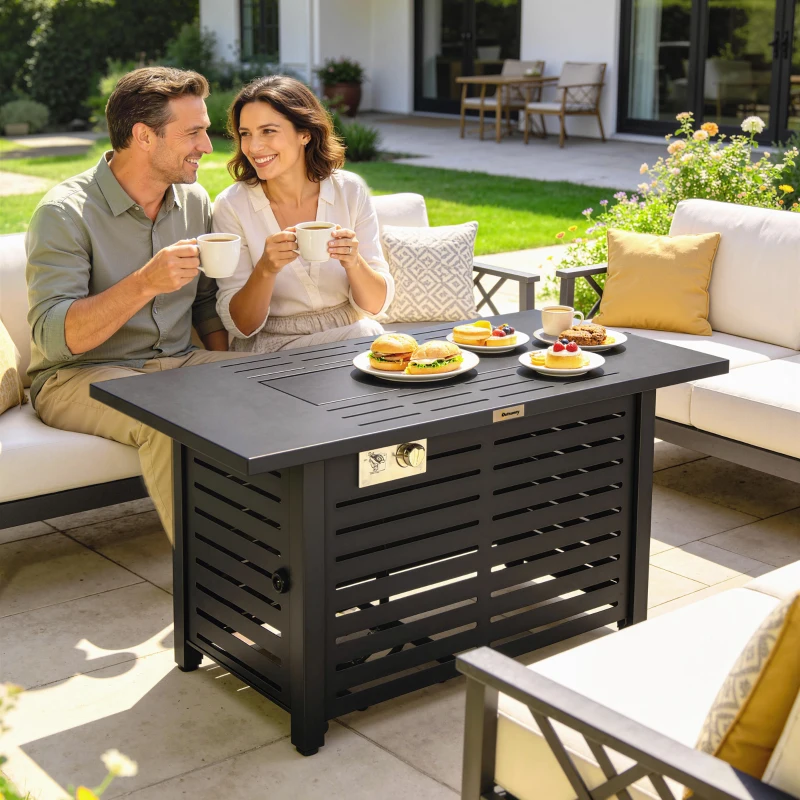 Outsunny Propane Gas Fire Pit Table, Outdoor Firepit with 43" Steel Tabletop and Lid, 50,000 BTU Pulse Ignition Fire Table w/ Stainless Steel Burner, Glass Wind Guard, and Cover