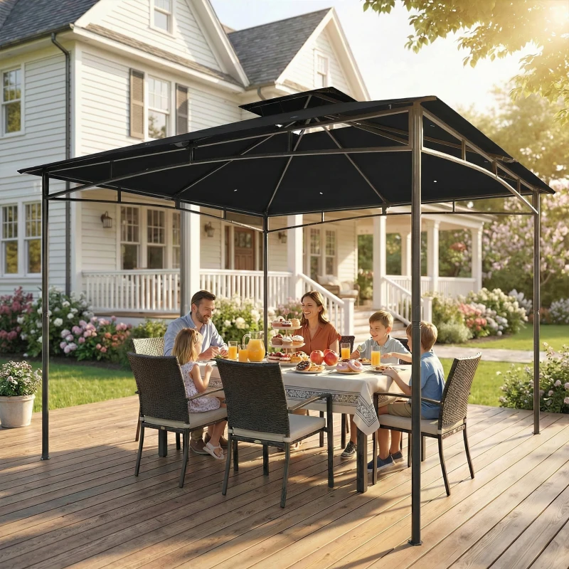 Outsunny 3 x 3 m Gazebo, Garden Gazebo with 2-Tier Roof, Metal Frame, Black