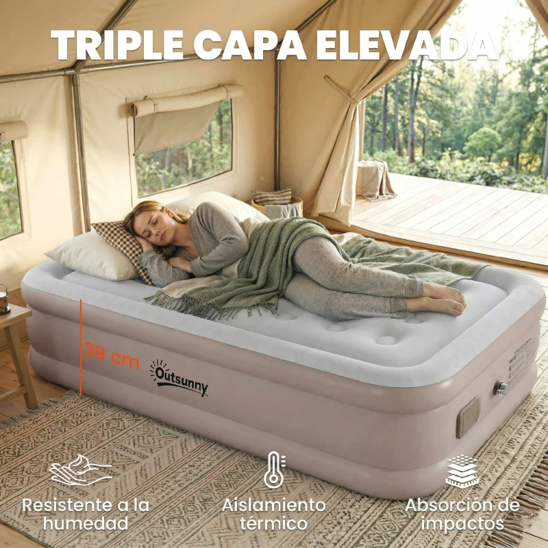 Outsunny Colchón Hinchable Individual Plegable con Bomba Inflado 3 Min Desinflado 2 Min Bolsa Carga 200 kg 190x97x39 cm Caqui