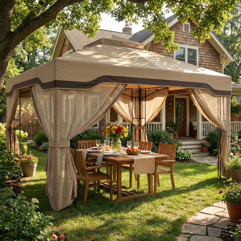 Outsunny 3 x 3.6 m Outdoor Garden Gazebo with Post Shelves, UPF50+ Patio Permanent Pavilion with Hook, Khaki