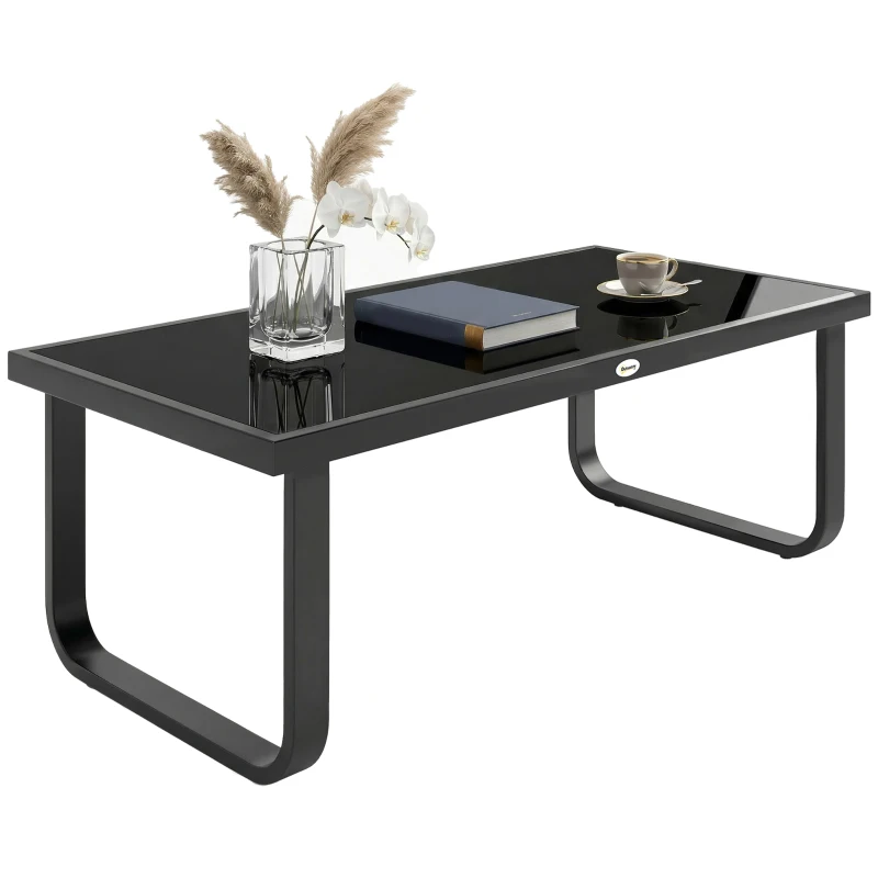Outsunny Mesa Baja de Jardín Rectangular, Patas Curvadas, Tablero de Vidrio Templado, para Terraza Balcón, 90x45x33cm, Negro