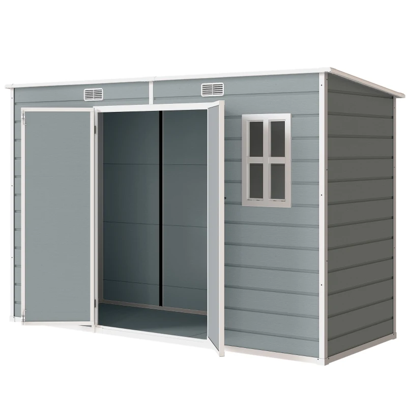 Outsunny 10 x 4 ft Resin Garden Shed, Outdoor Storage Shed with Floor, Windows, Lockable Doors and Vents, Grey