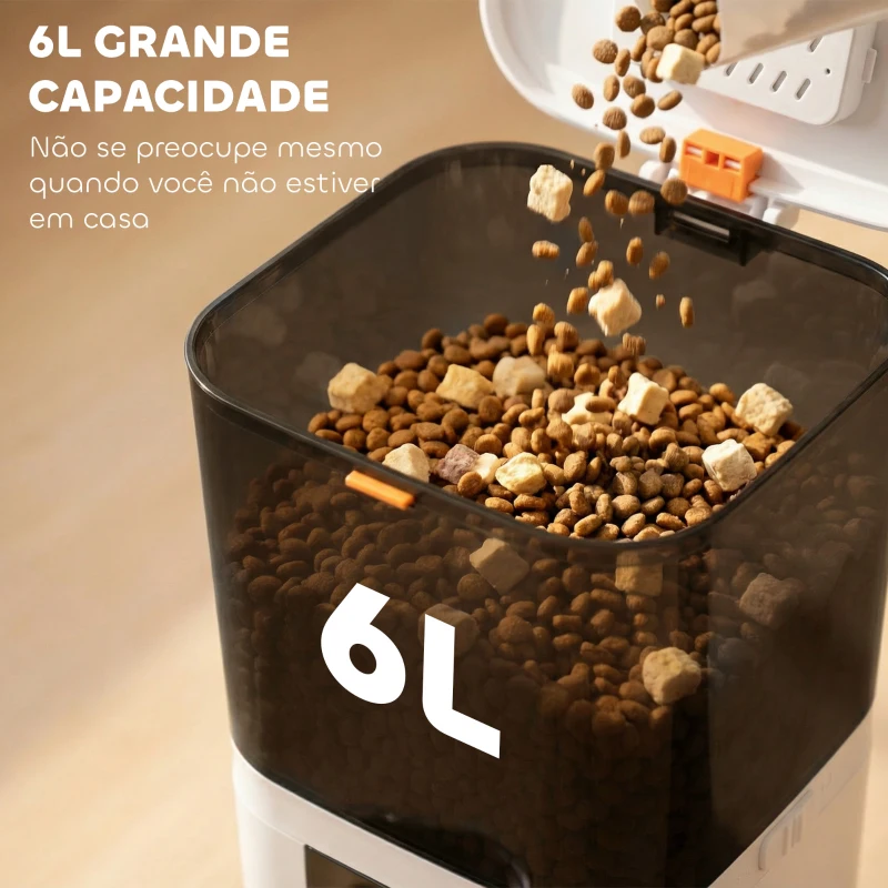 PawHut Comedouro Automático 6L WiFi 2.4G com Controlo App 2 Taças Programável 1-10 Refeições Gravador de Voz 10s Fácil de Limpar