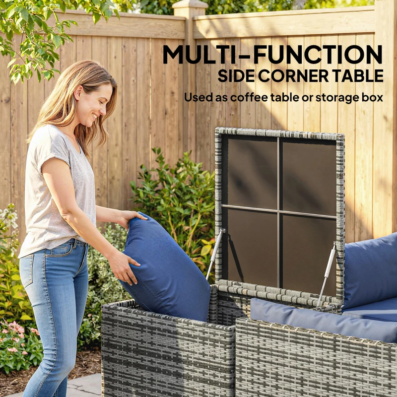Outsunny 4 Piece Rattan Garden Furniture Set, Outdoor Corner Sofa Set with Storage Table, Loveseats, Cushions - Dark Blue