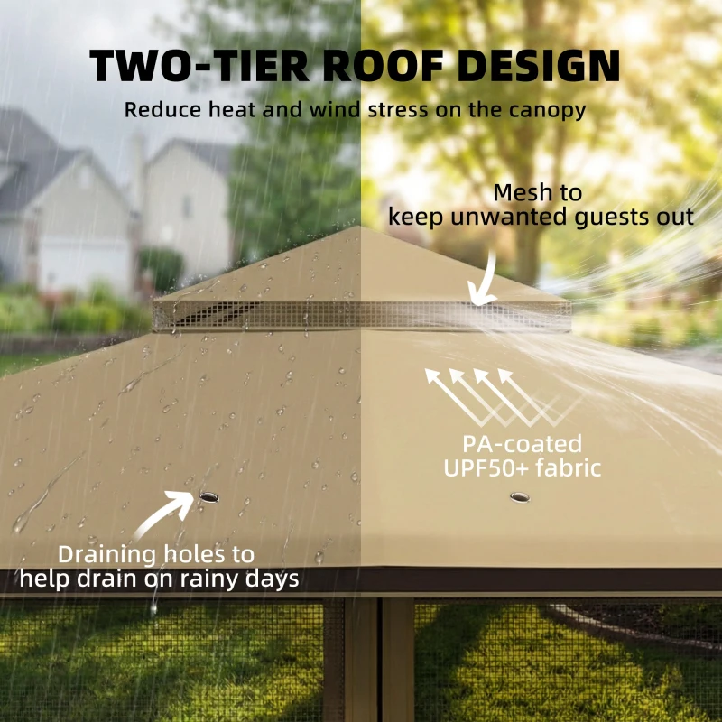 Outsunny 3.3 x 3.3 m Outdoor Garden Gazebo with Post Shelves, UPF50+ Patio Permanent Pavilion with Hook, Khaki