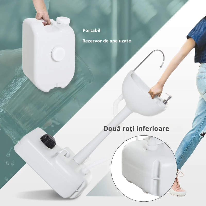 Outsunny Chiuveta Portabila de Camping cu 2 roti, Rezervor de Apa de 17 litri, Rezervor de Sapun(m-4)