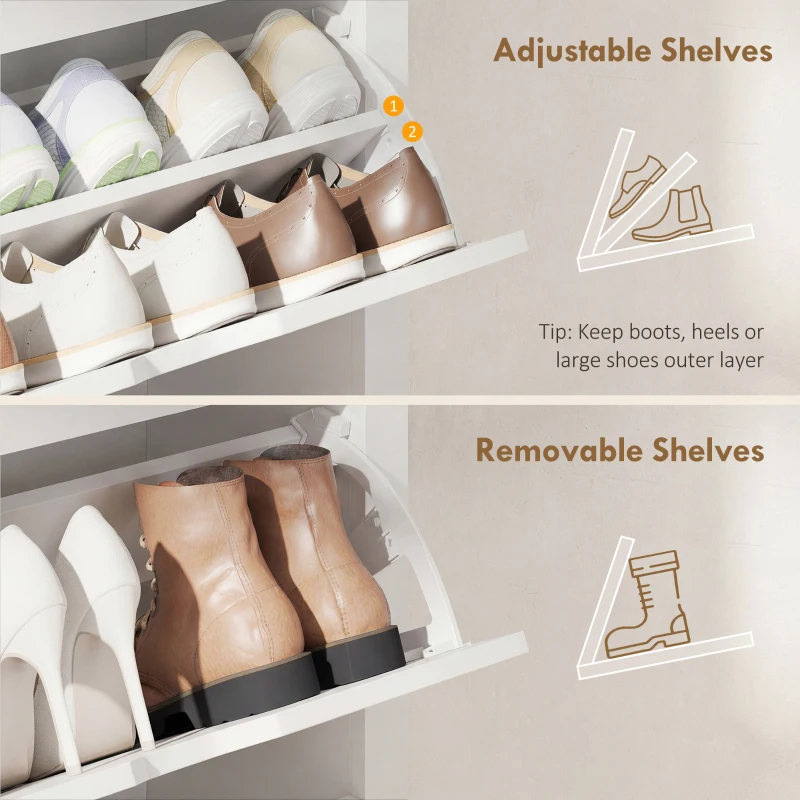 HOMCOM Slim Shoe Cabinet, Narrow Shoe Cupboard with 3 Flip Drawers, Adjustable Shelves for 18 Pairs of Shoes for Hallway, White