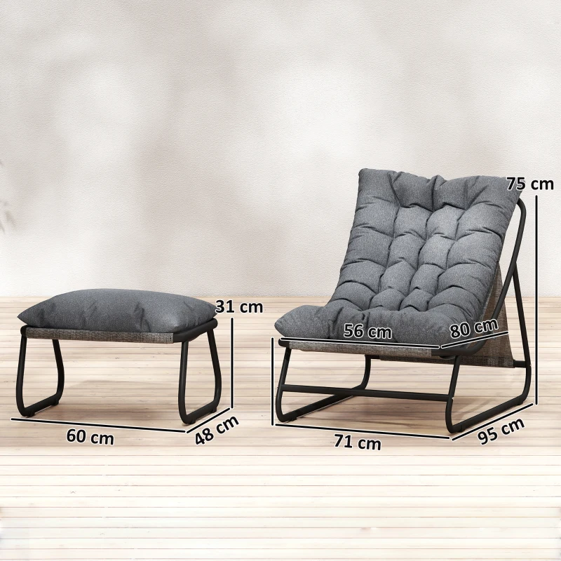 Outsunny Fauteuil de Jardin Relax avec Repose-pieds 2 Pièces avec Coussin Ultra Épais 13cm Tissu Cationique Gris