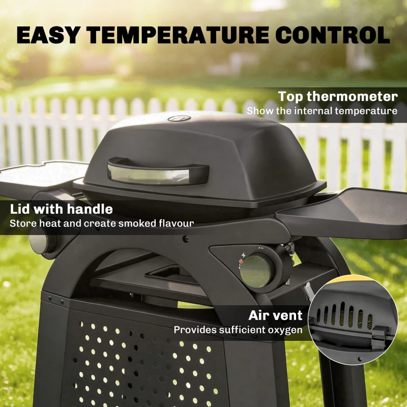 Outsunny 2 Burner Gas Grill with 2 Side Tables, 3.8 KW Barbecue Grill with Cast Iron Grates, 2-in-1 Tabletop BBQ with Wheels