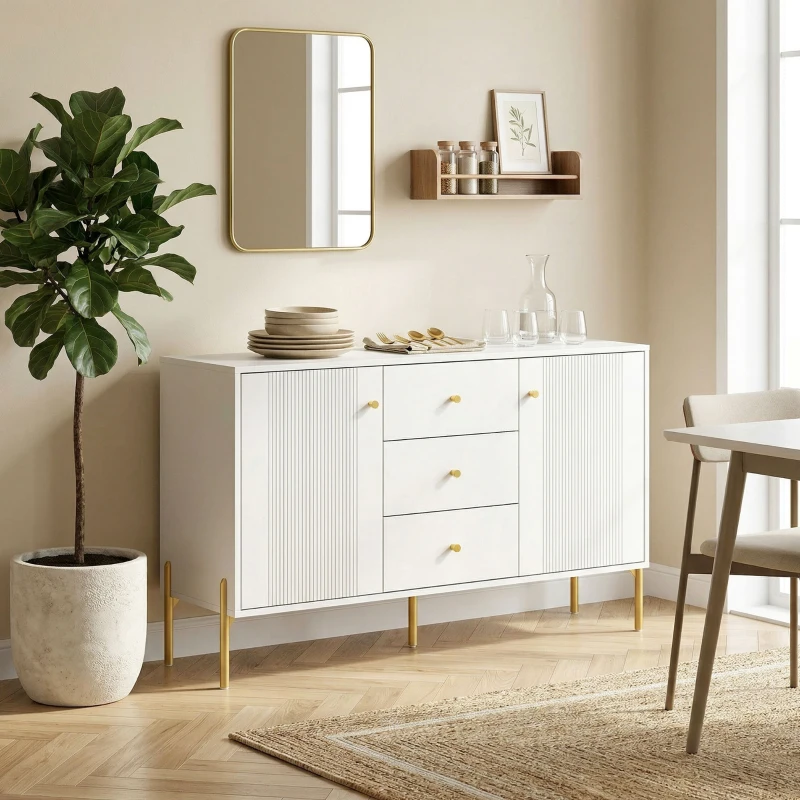 HOMCOM Aparador Moderno com 3 Gavetas Prateleiras Ajustáveis Bancada com Efeito Mármore Pés em Aço 120x39,1x76 cm Branco