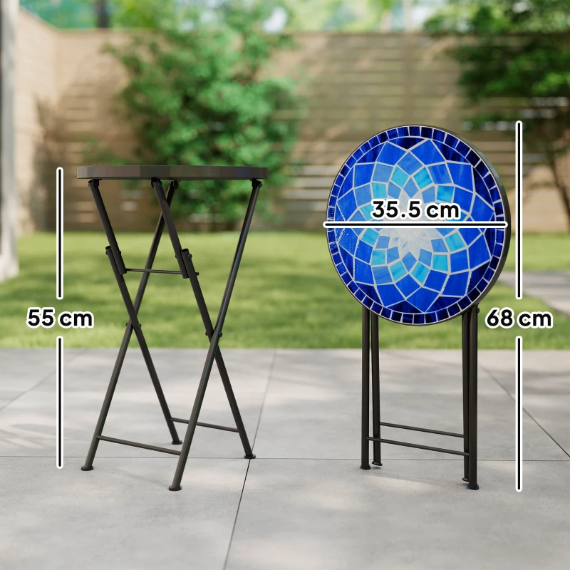 Outsunny Mosaic Outdoor Garden Table, 35.5cm Round Folding Coffee Table with Metal Frame for Balcony Terrace, Navy Blue