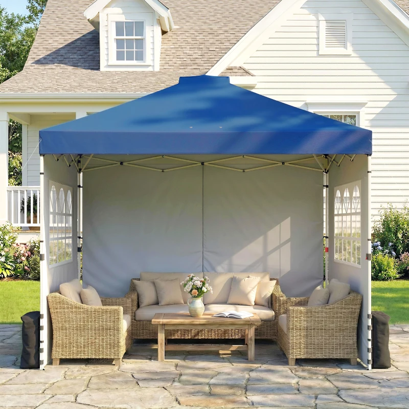 Outsunny Pop Up Gazebo Waterproof Height Adjustable Canopy with 3 Sidewalls Wheeled Bag for Parties 3 x 3 m Dark Blue