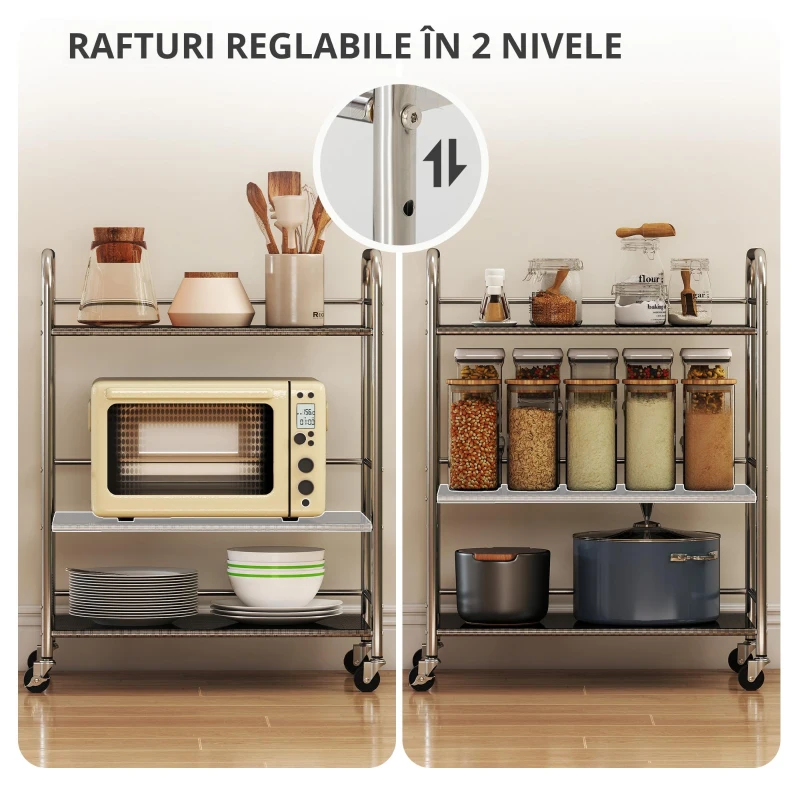 HOMCOM Cărucior multifuncțional cu 4 niveluri, cu raft central reglabil și margini înălțate, din oțel inoxidabil, 60x35x77 cm