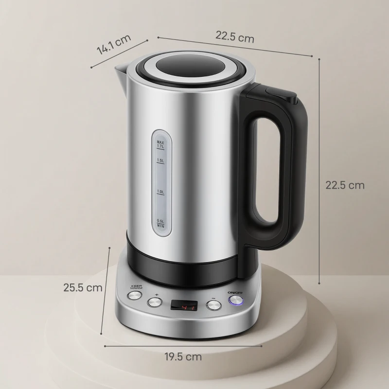 HOMCOM Electric Kettle, 1.7L, Fast Boil, 3kW Water Kettle with UK Strix Thermostat, Keep Warm Function, LCD Base, Silver Tone