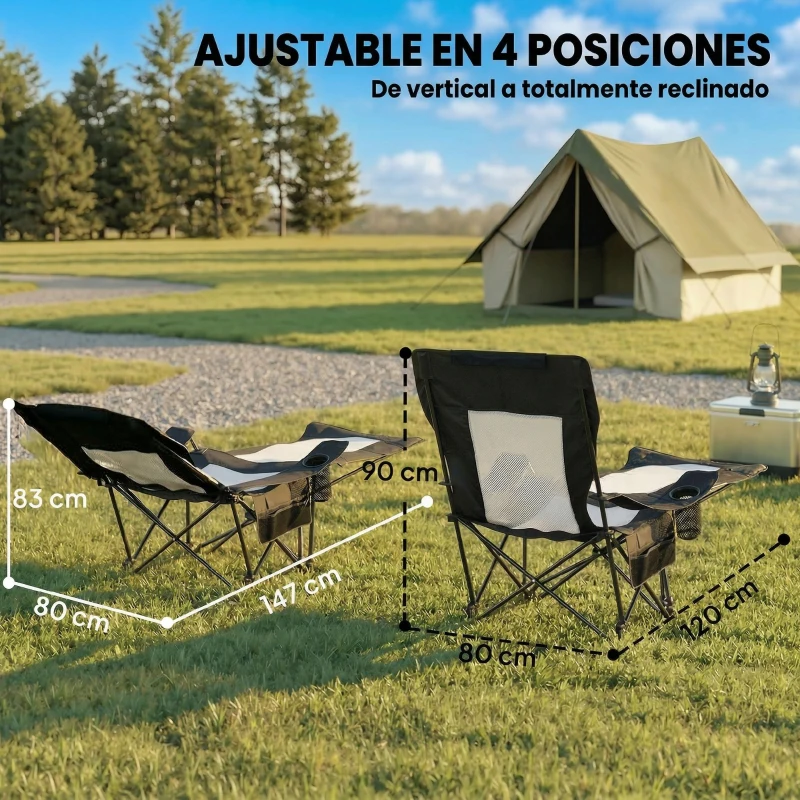 Outsunny Conjunto de 2 Sillas Plegables Camping Reclinables con Reposapiés Desmontable Reposacabezas Portavasos y Bolsa Negro