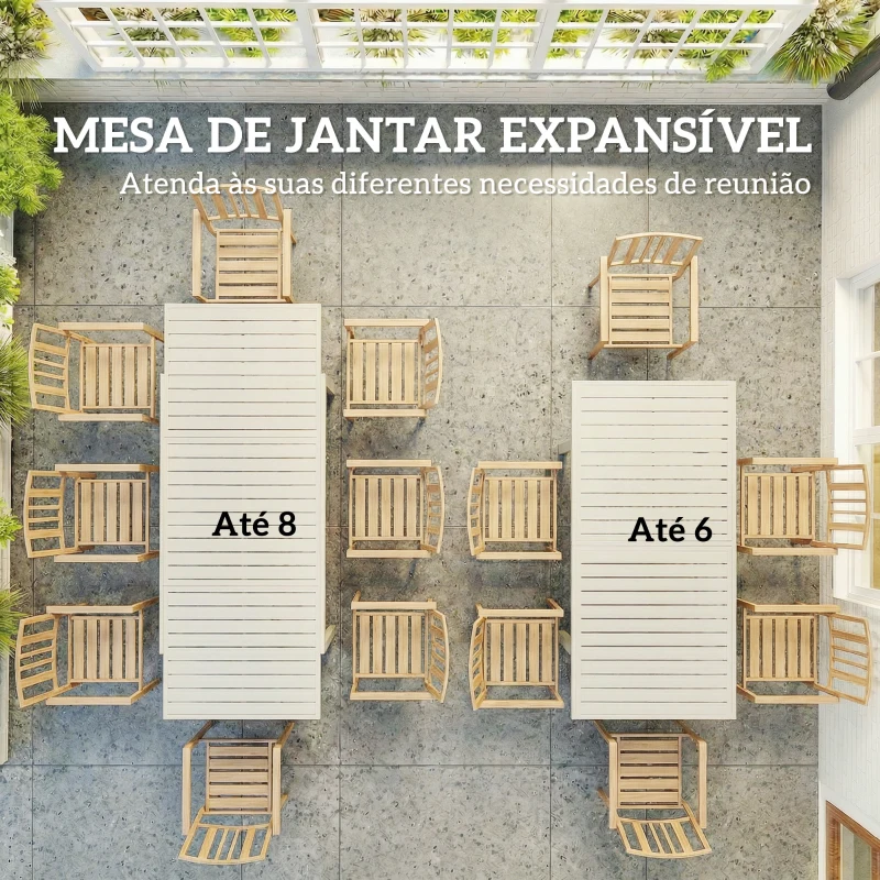 Outsunny Mesa de Jardim Extensível 150/225x85x75 cm Mesa de Jantar em Alumínio com Tampo de Ripas para 6-8 Pessoas Branco