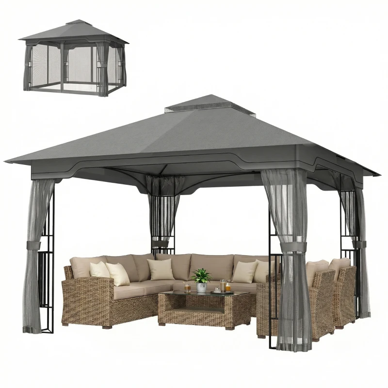 Outsunny 3.3 x 3.3 m Outdoor Garden Gazebo with Post Shelves, UPF50+ Patio Permanent Pavilion with Hook, Dark Grey