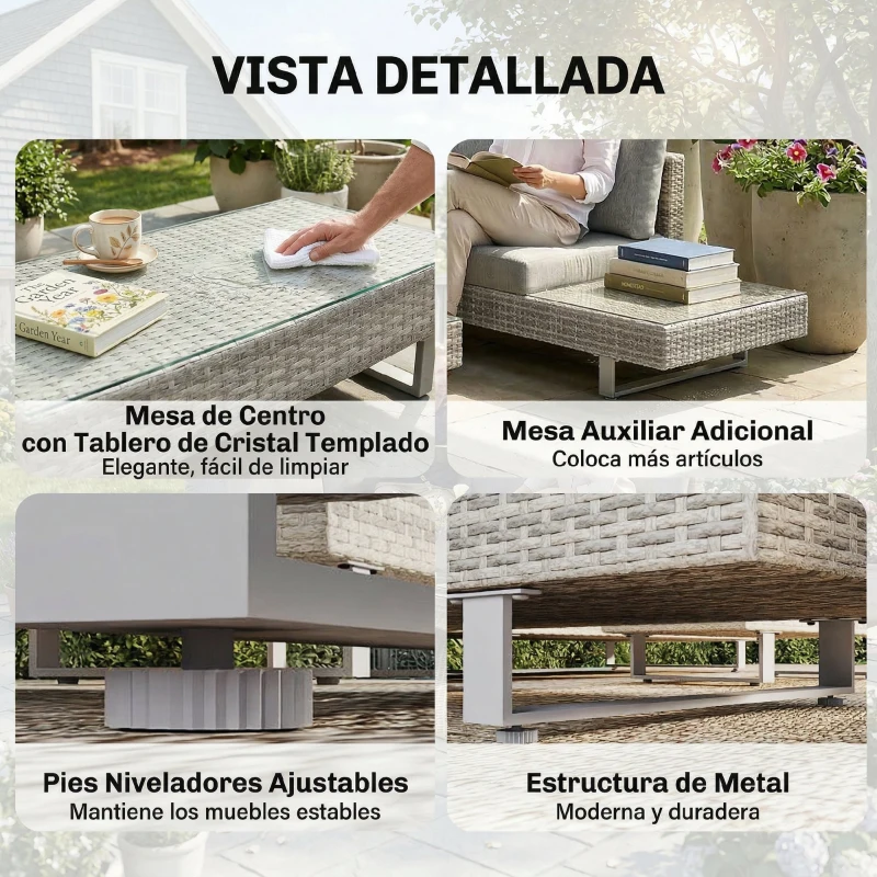 Outsunny Conjunto de Jardín Exterior de Ratán de 3 Piezas con Sofá Modular de 3 y 2 Plazas Mesa Lateral Mesa de Centro Cojines