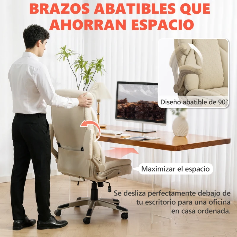 HOMCOM Silla de Oficina con Masaje Vibratorio de 4 Puntos Calor Lumbar Brazos Abatibles Respaldo Alto Altura Ajustable Crema