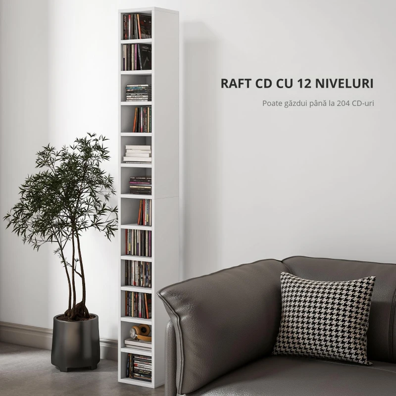 HOMCOM Depozite pentru CD-uri și DVD-uri cu 12 compartimente, capacitate maximă 204 CD-uri, 21 x 20 x 175 cm, alb