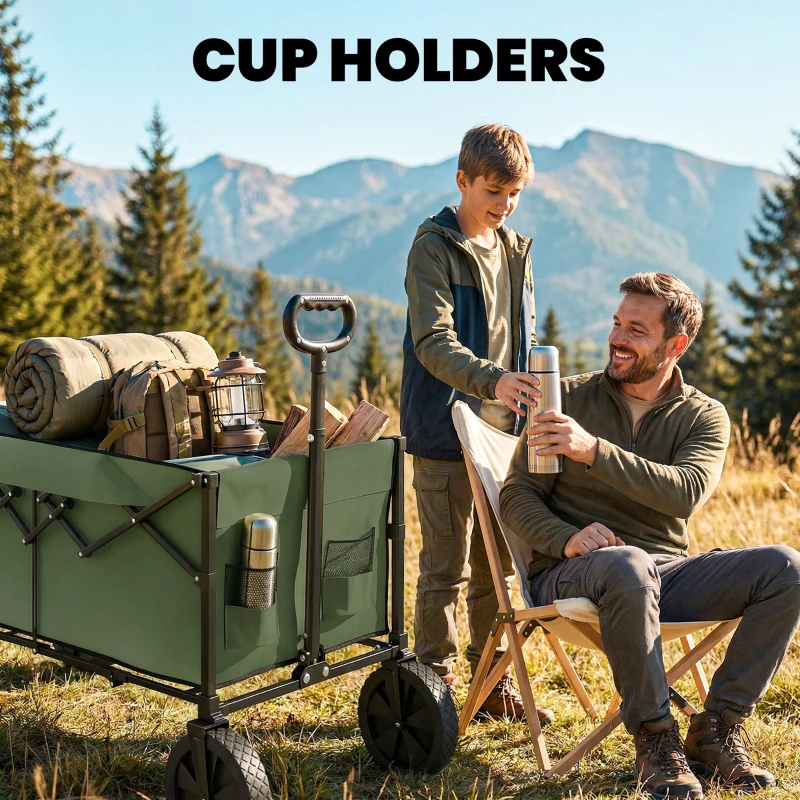 Outsunny 95L Foldable Festival Trolley on Wheels, Collapsible Wagon Cart with Adjustable Handle and 2 Cup Holders, Dark Green