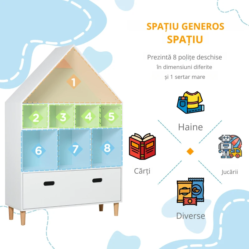 HOMCOM Etajeră Organizator pentru Copii cu Compartimente, Bibliotecă pentru Cărți și Jucării, Alb