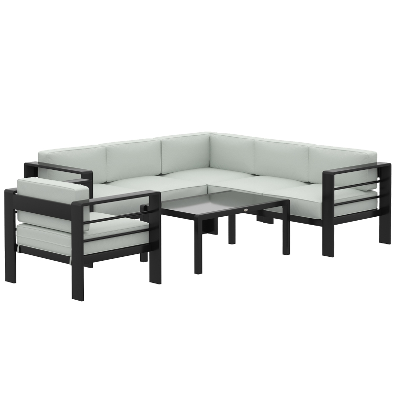 Outsunny 5-Piece Garden Corner Sofa Set with Cushions, 6 Seater Aluminium Garden Furniture Set with Coffee Table, Light Grey