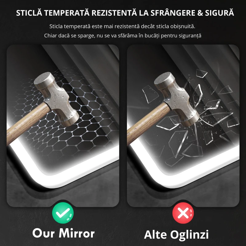 HOMCOM Oglindă de Baie cu Leduri 70x50 cm cu Bluetooth 3 Culori de Lumină Ceas Digital Funcție Anticeață Funcție de Memorie