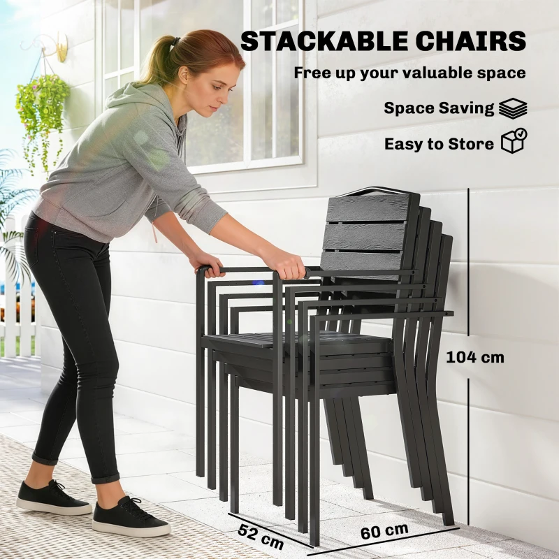 Outsunny Stackable Garden Chairs Set of 4, Garden Dining Chairs with Slatted HDPE Seat Back, Armrests, Metal Frame, Black