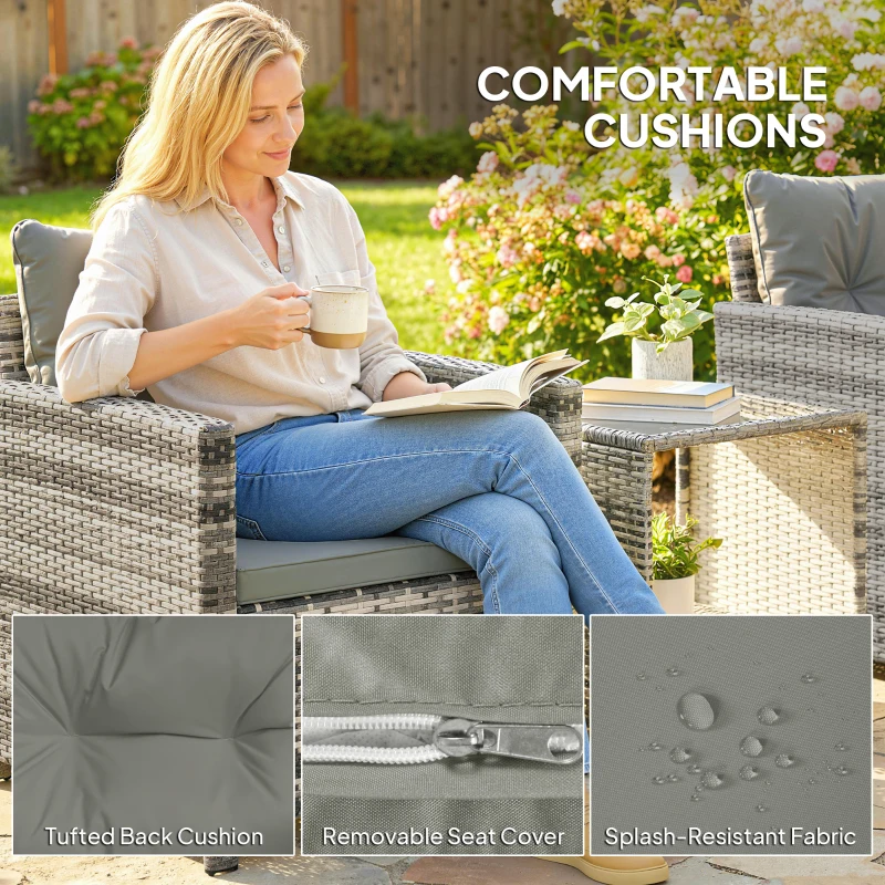 Outsunny Rattan Bistro Set, 3 Piece Garden Furniture Set with 2 Tier Glass Top Table and Cushions, Mixed Grey