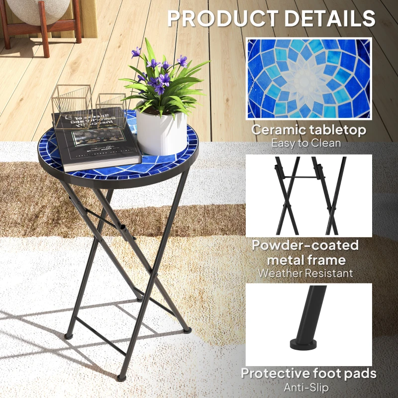 Outsunny Mosaic Outdoor Garden Table, 35.5cm Round Folding Coffee Table with Metal Frame for Balcony Terrace, Navy Blue