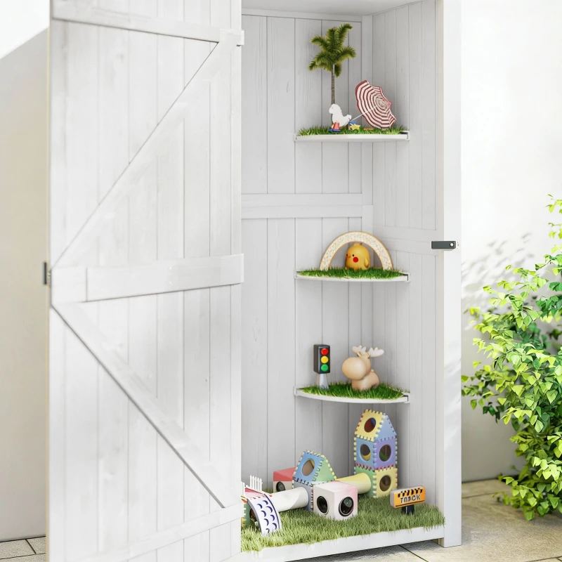 Outsunny Small Shed, Tall Slim Wooden Garden Shed with 3 Removable Shelves and Roof Hatch, Compact Outdoor Tool Storage Cabinet with Asphalt Roof and Door Latch, 77 x 54.2 x 179 cm, Light Grey