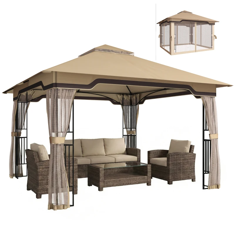 Outsunny 3.3 x 3.3 m Outdoor Garden Gazebo with Post Shelves, UPF50+ Patio Permanent Pavilion with Hook, Khaki