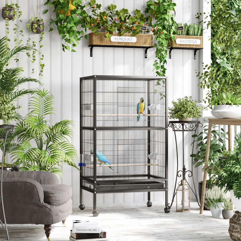 PawHut Gaiola para Pássaros com 4 Rodas Gaiola para Pássaros Metálica com Múltiplas Portas 4 Comedouros Bebedouro 2 Poleiros e Bandeja para Louros Canários Periquitos 79x52x137cm Preto