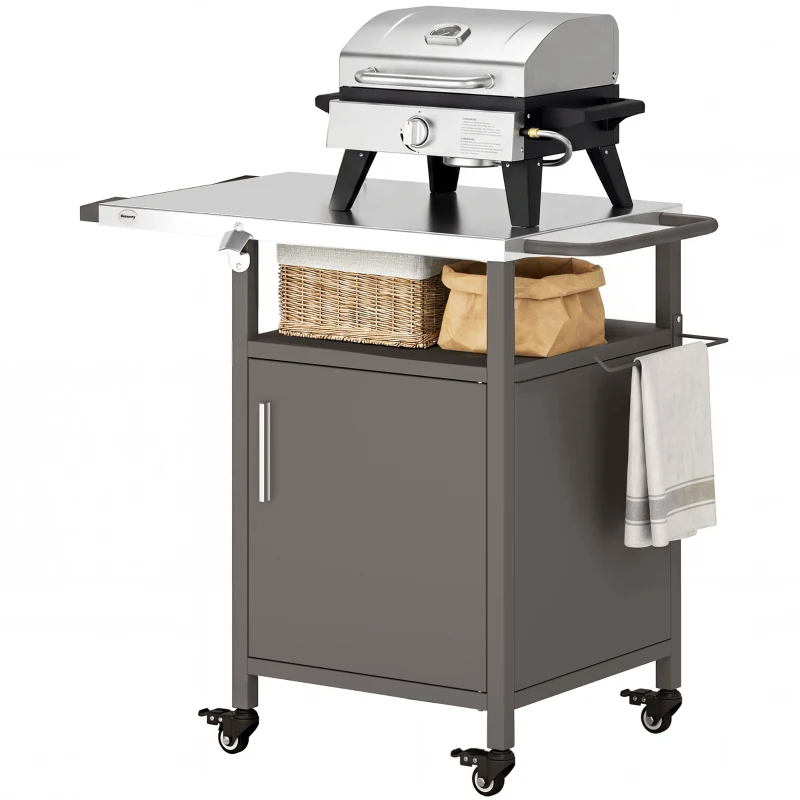 Outsunny Grill Cart with Stainless Steel Top, Pizza Oven Stand with Cabinet, Spice Rack, Towel Holder, Bottle Opener, Brown