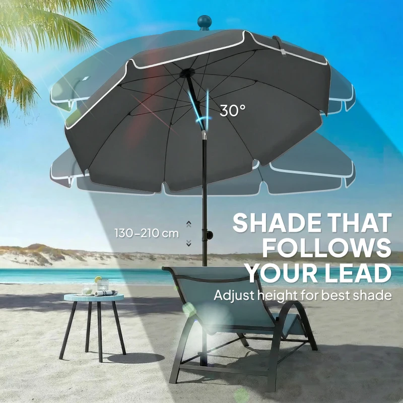 Outsunny 1.8 m Beach Umbrella Parasol with Sand Anchor, Portable 30° Tilting Patio Sun Shade with Adjustable Height, Dark Grey