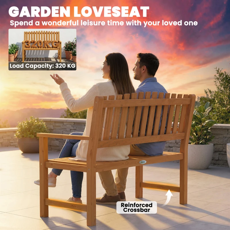 Outsunny Ławka ogrodowa 2-osobowa, odporna na warunki atmosferyczne, drewniana ławka z lamelowym designem i podłokietnikami, do 320 kg, 112 x 64 x 92 cm, naturalne drewno